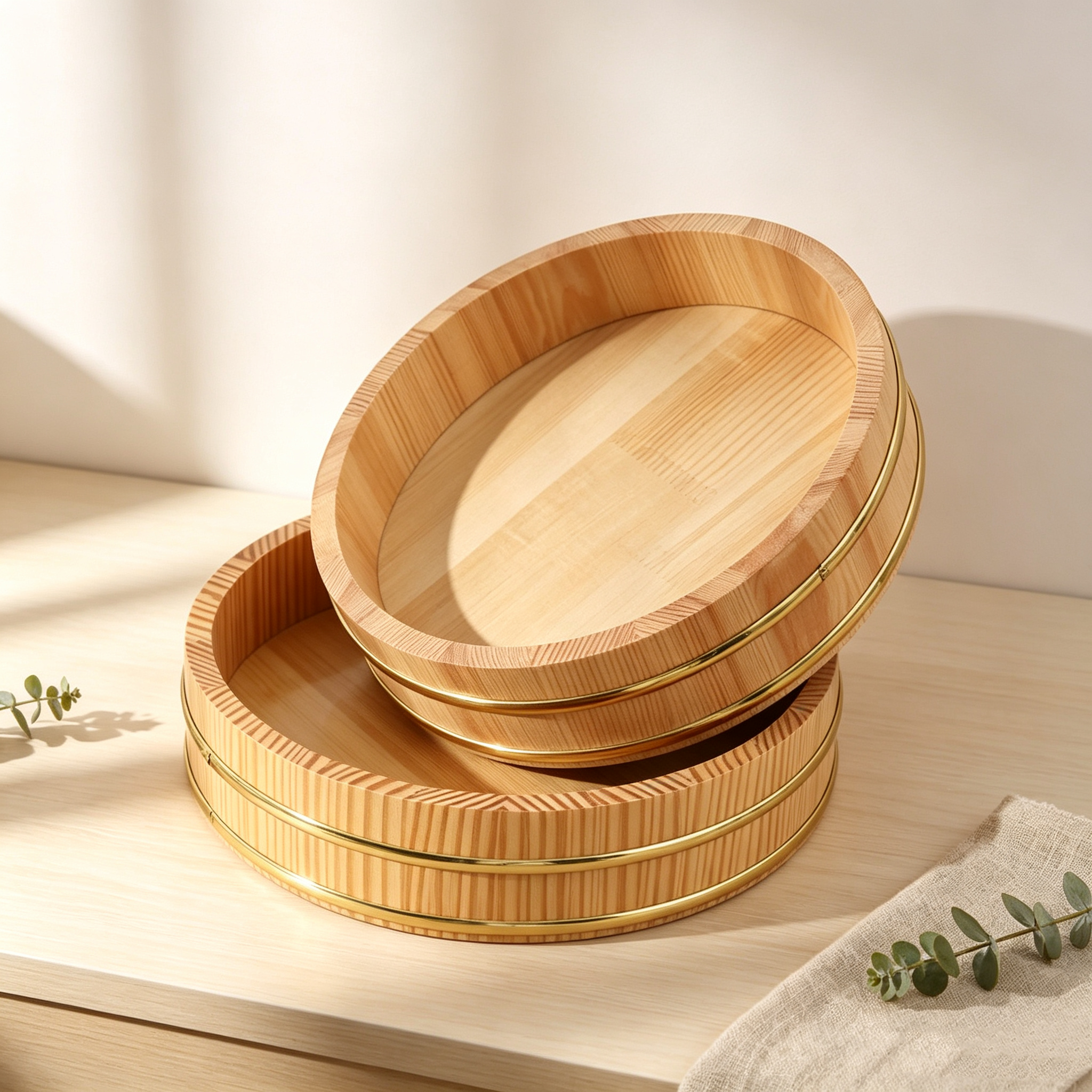 Japanese Gold Rim Wooden Sushi Rice Tub